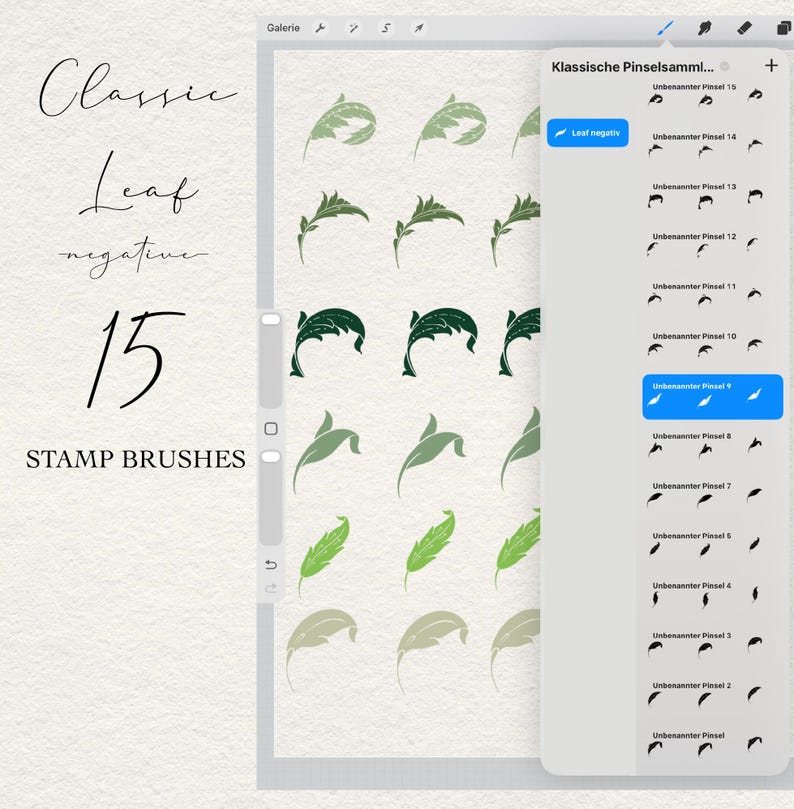May include: A digital interface displaying a collection of 15 leaf stamp brushes for Procreate. The screen shows various green leaf illustrations arranged in a grid, with a sidebar menu titled Klassische Pinselsammlung listing the brushes.