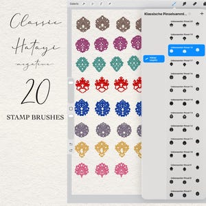 May include: A digital interface displaying a collection of 20 Hatayi stamp brushes for graphic design software. The screen shows rows of colorful floral-inspired motifs in brown, magenta, teal, red, blue, purple, gold, and pink, with a sidebar menu.
