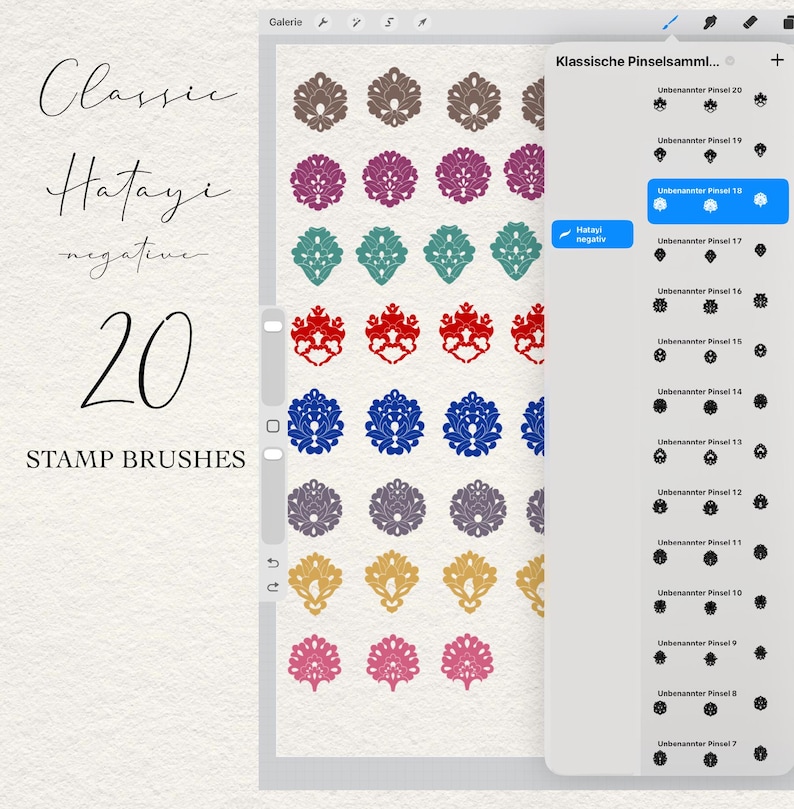May include: A digital interface displaying a collection of 20 Hatayi stamp brushes for graphic design software. The screen shows rows of colorful floral-inspired motifs in brown, magenta, teal, red, blue, purple, gold, and pink, with a sidebar menu.