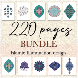 May include: A collection of 220 pages of Islamic illumination designs. The designs feature intricate patterns in shades of blue, green, pink, and purple. The designs are perfect for colouring, crafting, or decorating.
