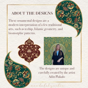 May include: An image with text that reads "ABOUT THE DESIGNS" and "The designs are unique and carefully created by the artist Ailin Plakalo." The image also features ornamental designs and a photo of the artist.