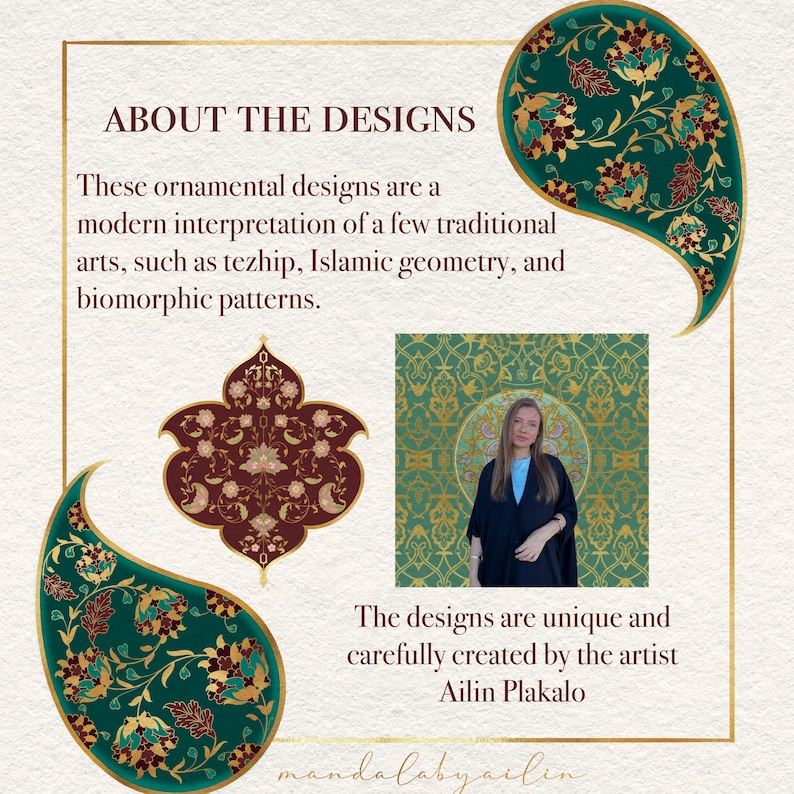 May include: An image with text that reads "ABOUT THE DESIGNS" and "The designs are unique and carefully created by the artist Ailin Plakalo." The image also features ornamental designs and a photo of the artist.