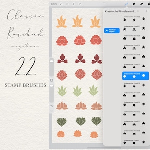 May include: A digital interface displaying a collection of 22 rosebud stamp brushes for Procreate. The screen shows a list of brush names in German and a vertical grid of floral icons in various shades of orange, red, green, and muted pink.