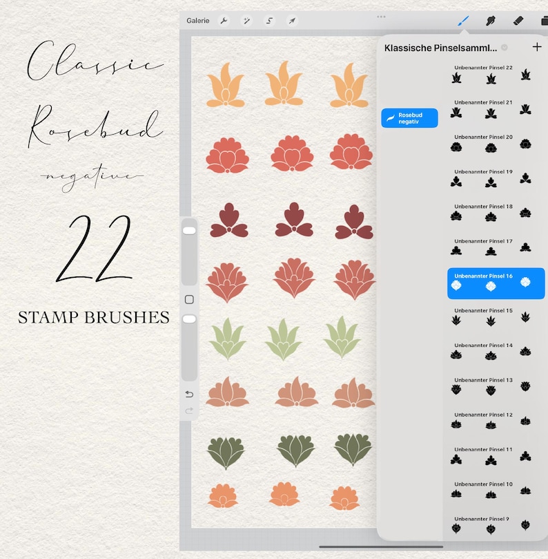 May include: A digital interface displaying a collection of 22 rosebud stamp brushes for Procreate. The screen shows a list of brush names in German and a vertical grid of floral icons in various shades of orange, red, green, and muted pink.