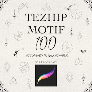 Può includere: Una stampa d'arte digitale color crema con il testo "TEZHIP MOTIF 100 STAMP BRUSHES FOR PROCREATE." Il design include vari motivi floreali e geometrici neri e un'icona dell'app Procreate.