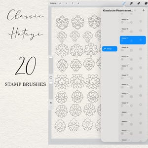 May include: A digital interface displaying a collection of 20 Classic Hatayi stamp brushes. The screen shows a grid of intricate floral-inspired line art motifs and a sidebar menu titled Klassische Pinselsammlung with a list of brush names.