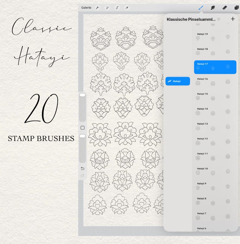 May include: A digital interface displaying a collection of 20 Classic Hatayi stamp brushes. The screen shows a grid of intricate floral-inspired line art motifs and a sidebar menu titled Klassische Pinselsammlung with a list of brush names.
