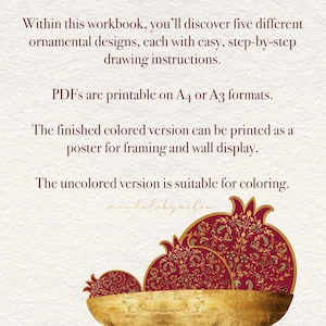 May include: A workbook with ornamental designs and step-by-step drawing instructions. PDFs are printable on A4 or A3 formats. The finished colored version can be printed as a poster. The uncolored version is suitable for coloring. Features a decorative pomegranate design.