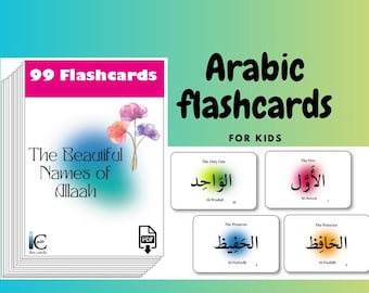 The Beautiful Names of Allah flashcards for kids and adults, Allah's Names, Bilingual English and Arabic cards Fus-ha, learn Quranic Arabic.