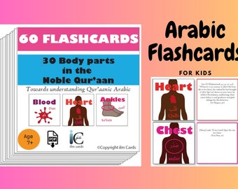 Body parts in the Noble Qur'aan flashcards, Learn Arabic for kids. Children's cards. Bilingual English and Arabic cards. Fus-ha.