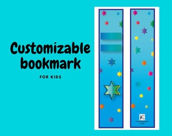 May include: Two printable blue bookmarks with a gradient of colour and colourful stars. The bookmarks have a space for writing a name or other text. The text "Customizable bookmark for kids" is at the top of the image.
