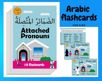 Arabic Attached Pronoun Flashcards. Learn Arabic for kids. Children's cards. Bilingual English and Arabic cards. In Quranic Arabic, Fus-ha.