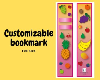 May include: A customisable bookmark for kids with a pink background and two columns of fruit illustrations. The left column features a pineapple, grapes, a pear, cherries, an apple, and a tangerine. The right column features a mango, bananas, grapes, an apple, a peach, and strawberries. The bookmark also includes the text "www.lnccards.org © 2022".