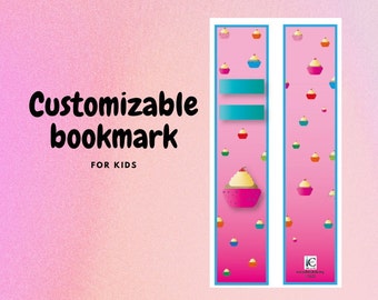 May include: Two pink printable bookmarks featuring a cupcake design. The bookmarks are decorated with colourful cupcakes and the text "Customizable bookmark for kids".