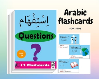 Arabic Questions Flashcards.Learn Arabic for kids and adults. Children's cards. Bilingual English and Arabic cards. In Quranic Arabic Fus-ha