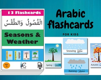 Arabic Seasons & weather Flashcards. Children's cards. Learn Arabic for kids. Learn Classical Arabic. العربية, English, bilingual flashcards