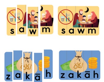 Spelling Flashcard Picture Puzzles, Arabic transliteration and meaning. Children's cards. Teach and learn islam, muslim kids, fun activity.