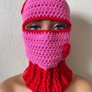 Crochet Ribbed Neck Balaclava w red hearts, Crochet Balaclava, Crochet Ski Mask, Handmade Balaclava, Pink/Red, Adult Medium