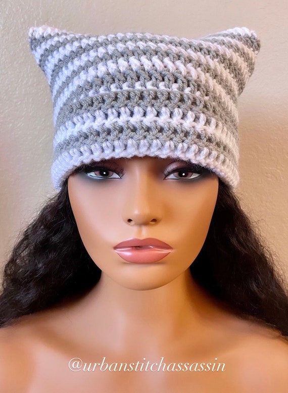 Cat-ear Crochet Beanie Grey/white, Handmade Crochet Cat Beanie