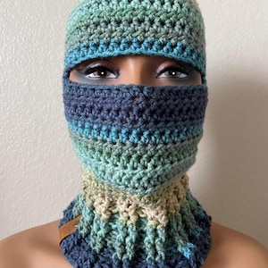 Crochet Ribbed Neck Balaclava, Crochet Balaclava, Crochet Ski Mask, Handmade Balaclava, Winter Hat, Adult Medium, Blue/Green