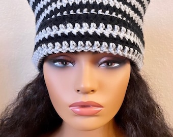 Crochet Cat Ear Beanie | Black & Gray Striped Beanie | Handmade Winter Hat | Fairy Grunge Hat | Coquette Streetwear | Adult S/M