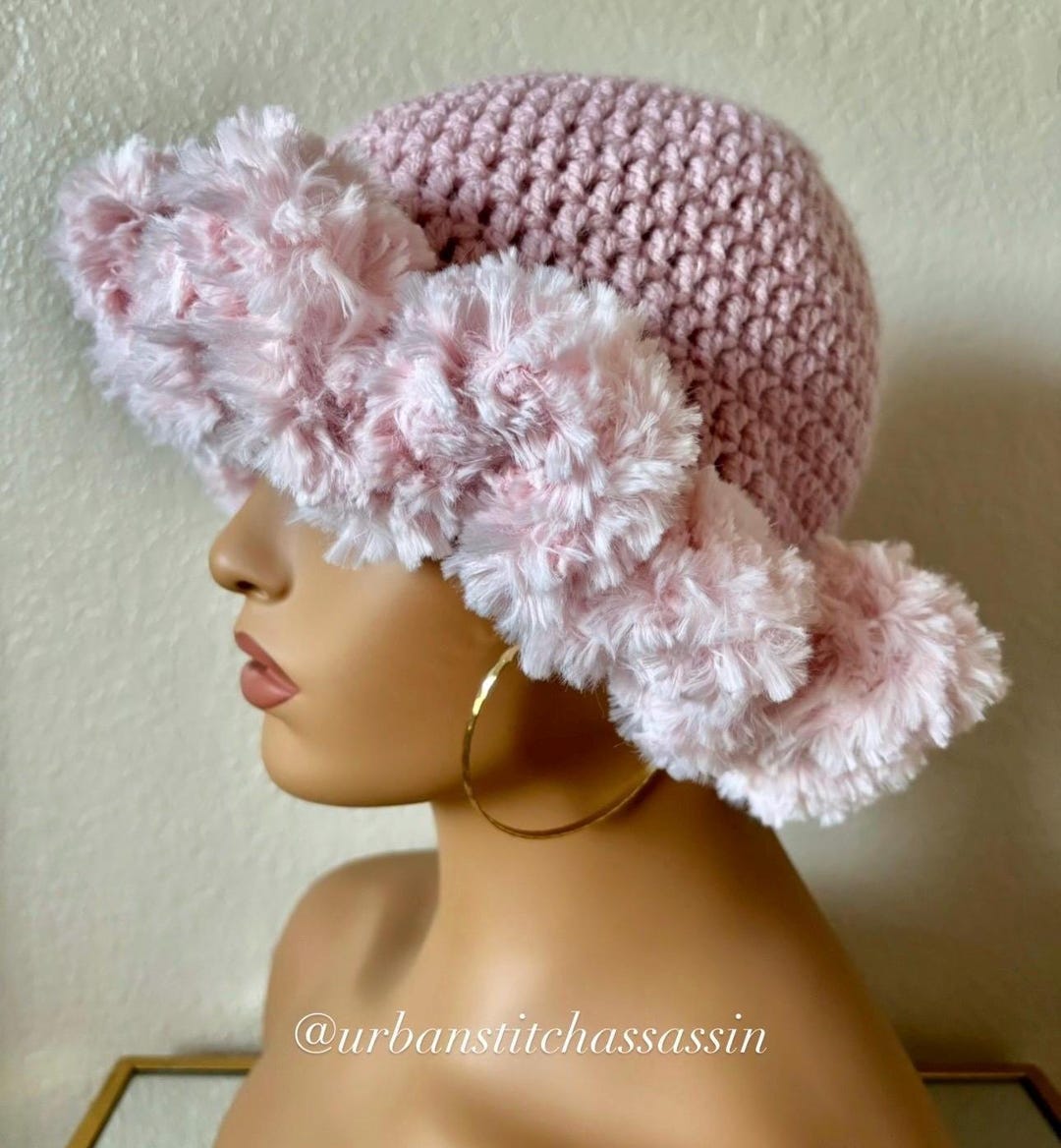 FAUX FUR Ruffle Hat, Crochet Fur Ruffle Hat, Fur Ruffle Bucket Hat ...