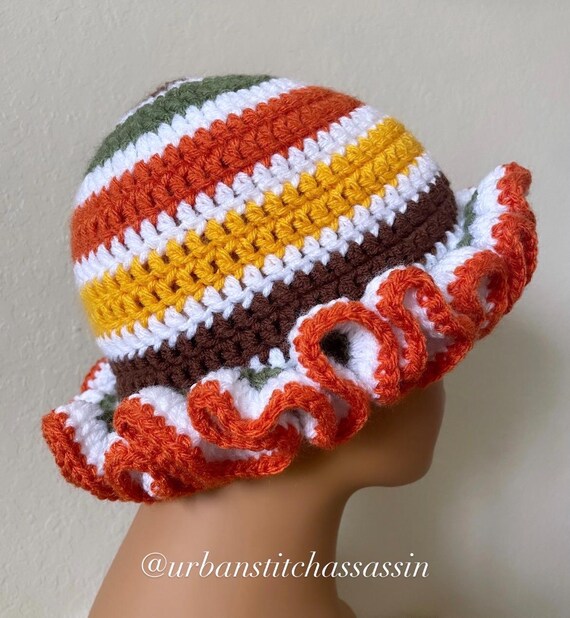 Crochet Striped Ruffle Bucket Hat, Ruffle Bucket Hat, Striped Ruffle Hat,  Crochet Hat, Summer Hat, Fall Hat, Orange/Brown/Yellow,OS, Adult