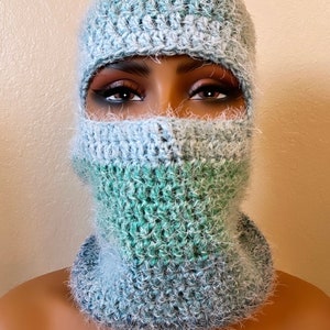 Fuzzy Crochet Balaclava, Crochet SkiMask, Handmade Balaclava, Crochet Beanie, Winter Hat, Unisex, Adult One Size, Blue/Green