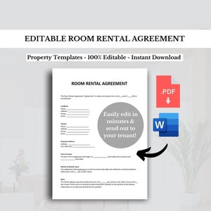 May include: Editable Room Rental Agreement template in a Word document format. The document is a legal agreement between a landlord and a tenant for renting a room. The template is easily editable and can be sent to a tenant.