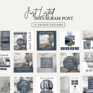 以下が含まれることがあります： 不動産業者向けのInstagram投稿テンプレート15個セット。テンプレートは、レイアウト、色、フォントが異なるさまざまなデザインを採用しています。各テンプレートには、「Just Listed」というテキストが大きく表示されています。