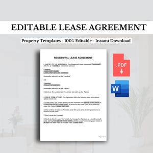 May include: Editable Residential Lease Agreement template in a Word document format. The document is available for instant download. The document includes a section for parties to the agreement, lease term options, and a section for signatures.