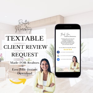 Peut inclure: Un smartphone affichant un message texte demandant un avis client. Le message comprend un système de notation à cinq étoiles et des liens vers Facebook, Google et Zillow. Le texte dit "Merci pour votre entreprise. Travailler avec vous au cours des six derniers mois a été vraiment gratifiant. Je suis ravie que nous ayons trouvé quelque chose que vous aimez et j'ai hâte de vous voir faire de votre nouvelle maison un foyer ! Avez-vous l'intention de me laisser un avis ?"