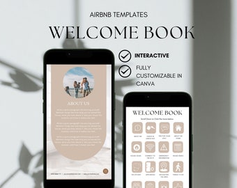 May include: A digital mockup of a welcome book template for Airbnb hosts. The template is fully customizable in Canva and includes icons for various topics, such as check-in, house rules, and things to do in the area. The template is interactive and includes a section for hosts to introduce themselves.