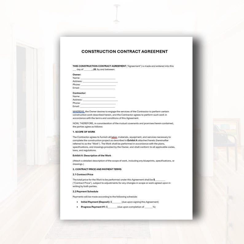 Construction Contract Agreement Template (PDF & Word) - Etsy