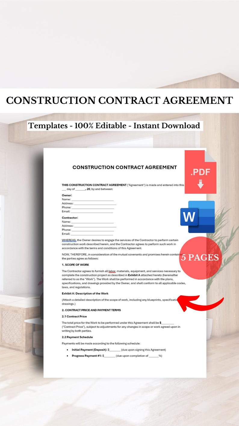Construction Contract Agreement Template (PDF & Word) - Etsy