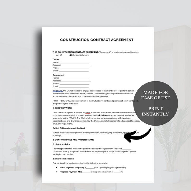 Construction Contract Agreement Template (PDF & Word) - Etsy