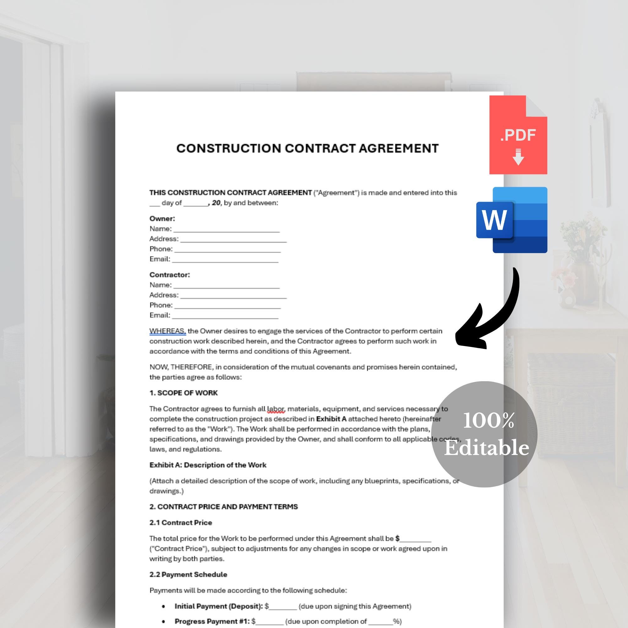 Construction Contract Agreement Template (PDF & Word) - Etsy