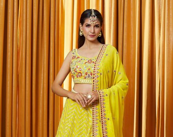 Yellow Faux Georgette Wedding Lehenga Choli for Party Wear, Lehengas for Girls Indian Outfits for Festival Designer Lehenga Made to Measure