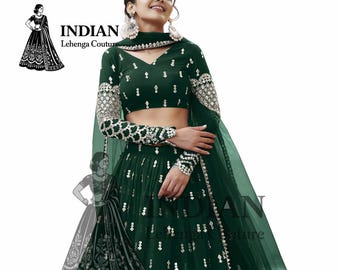 Komplet ślubny Lehenga Choli w kolorze szmaragdowej zieleni, srebrna haftowana suknia ślubna w stylu indyjskim