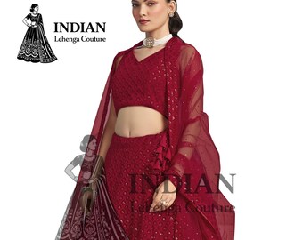 Roter Georgette Lehenga Choli : Pailletten Stickerei Indianer Partykleidung