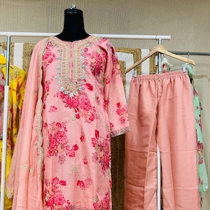 Pink Organza Palazzo Suit: Embroidered Indian Wedding Outfit