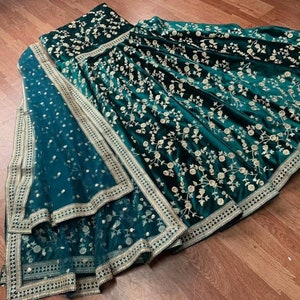 Green Velvet Lehenga Choli: Zari Embroidery, Indian Wedding Wear