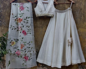 White Silk Lehenga Choli : Indian Partywear Outfits, Wedding Guest Dress