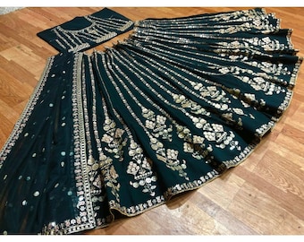 Green Georgette Lehenga Choli, Sequins & Zari Embroidery Work with Net Dupatta, Indian Wedding Wear