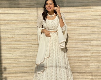 Lakhnavi White Georgette Lehenga Choli: Sequins & Embroidery Work with Georgette Dupatta, Indian Partywear
