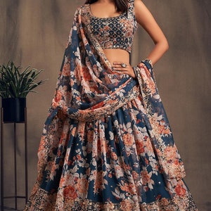 Organza Lehenga Choli: Floral Print, Sequins & Zari Embroidery