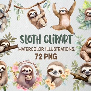 Faultier Clipart, 72 PNG Aquarell Faultier Clip Art Set, Tropische Dschungel Clipart Elemente, Kinderzimmerdekor und Babyparty PNG, Niedliches Faultier PNG