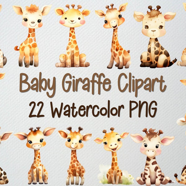 Watercolor Baby Giraffe Clipart Set Of 22 PNG Files, Baby Animal Clipart, Giraffe Baby Shower, Safari Clipart, COMMERCIAL LICENSE