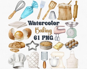 Watercolor Baking Clipart: Kitchen Tools PNG Set (Digital Download)