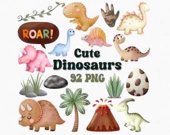 Watercolor Dinosaur Clipart Set: Baby Dino PNG, Nursery Decor (Digital Clipart)